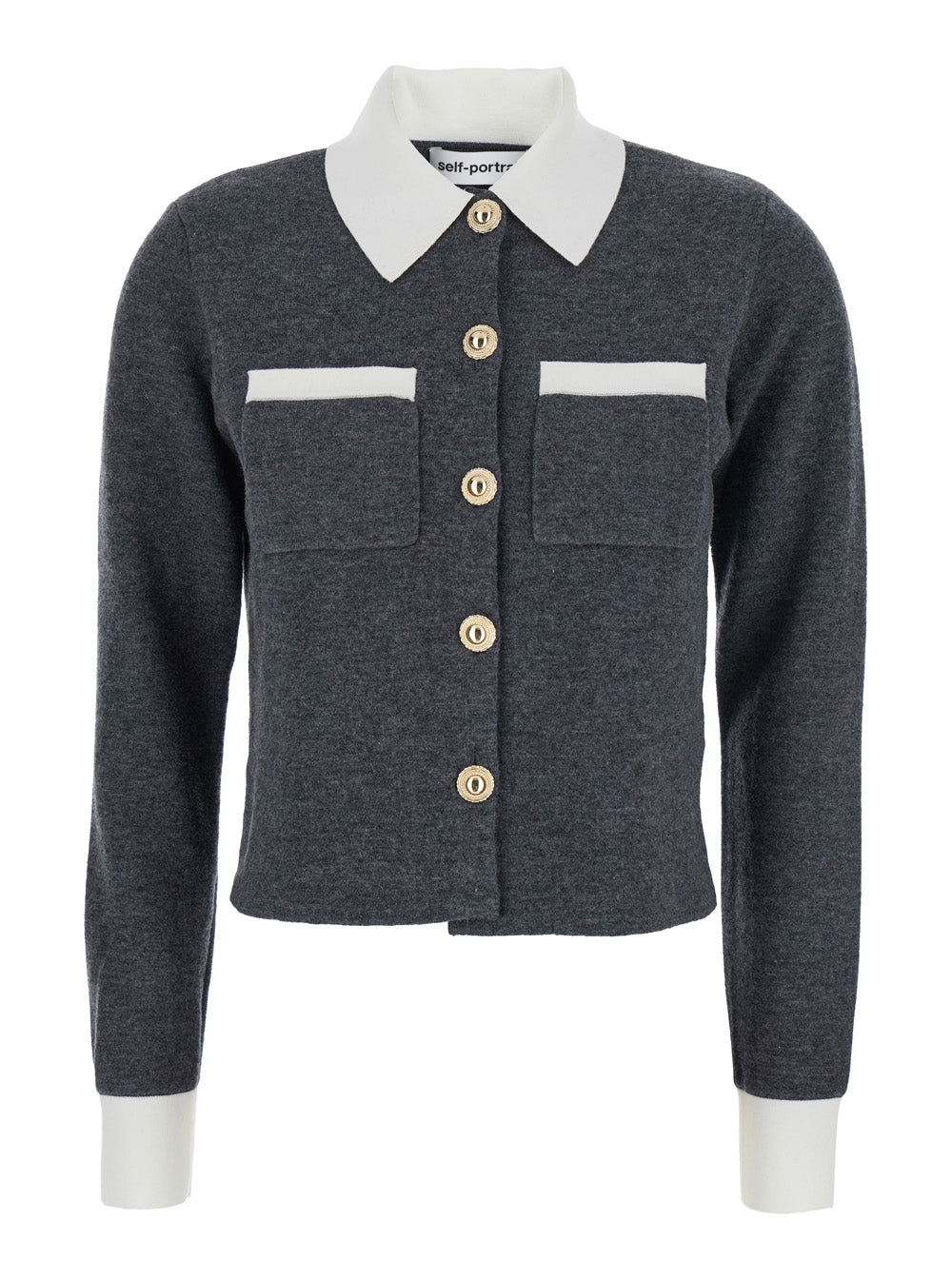 Grey Cropped Cardigan with Contrasting Classic Collar and Two Front Patch Pockets in Wool Blend Woman Jersey