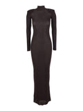 Brown Turtleneck Long Dress With Shoulder Pads Viscose Woman
