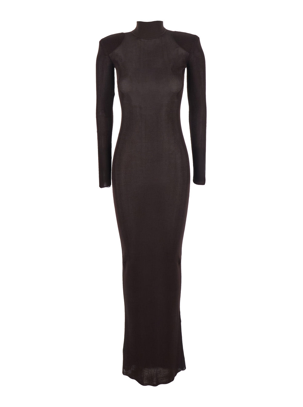 Brown Turtleneck Long Dress With Shoulder Pads Viscose Woman