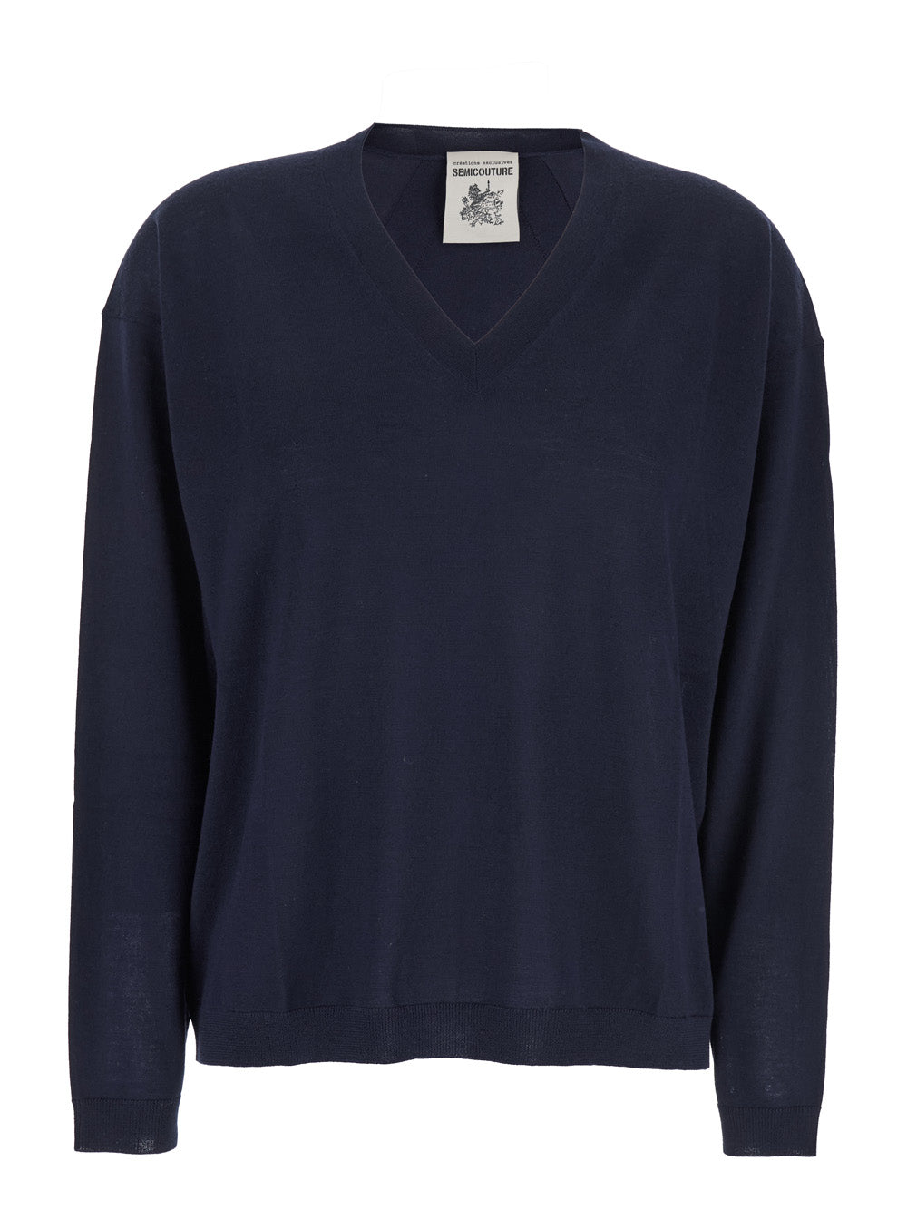 Blue Sweater with V Neck and Ribbed Trims in Wool Woman Blu Jersey