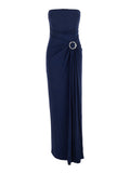 Emma Blue Strapless Long Dress with Ring Embellishment in Tech Fabric Stretch Woman Blu Rayon Elastane