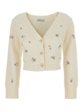 Novah White Cropped Rhinestoned Cardigan with V Neck in Wool and Cashmere Woman Jersey