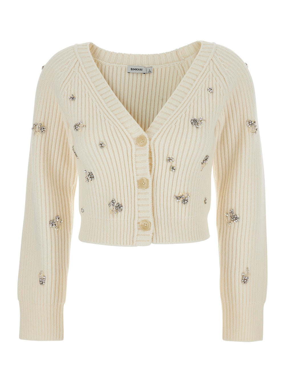 Novah White Cropped Rhinestoned Cardigan with V Neck in Wool and Cashmere Woman Jersey