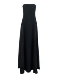 Helena Black Long Dress with Bare Shoulder and Flared Hem in Twill Woman Polyester