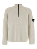 White Sweater with Logo Patch on the Sleeve and Front Half Zip Closure in Wool Stretch Man Jersey
