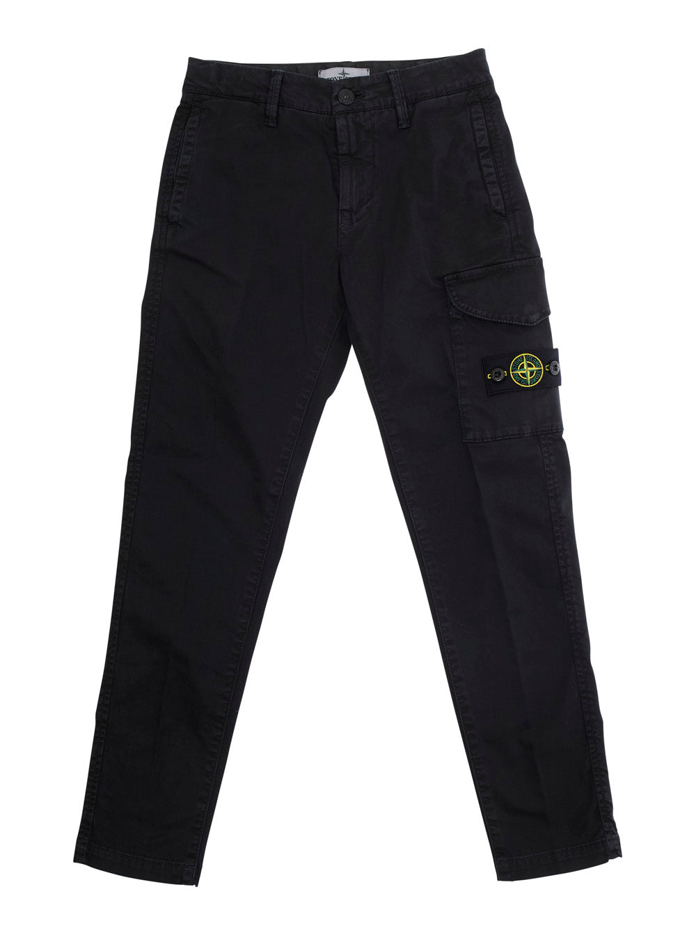 Black Pants with One Cargo Pocket on the Front and Logo Patch in Cotton Stretch Boy Elastane Trousers