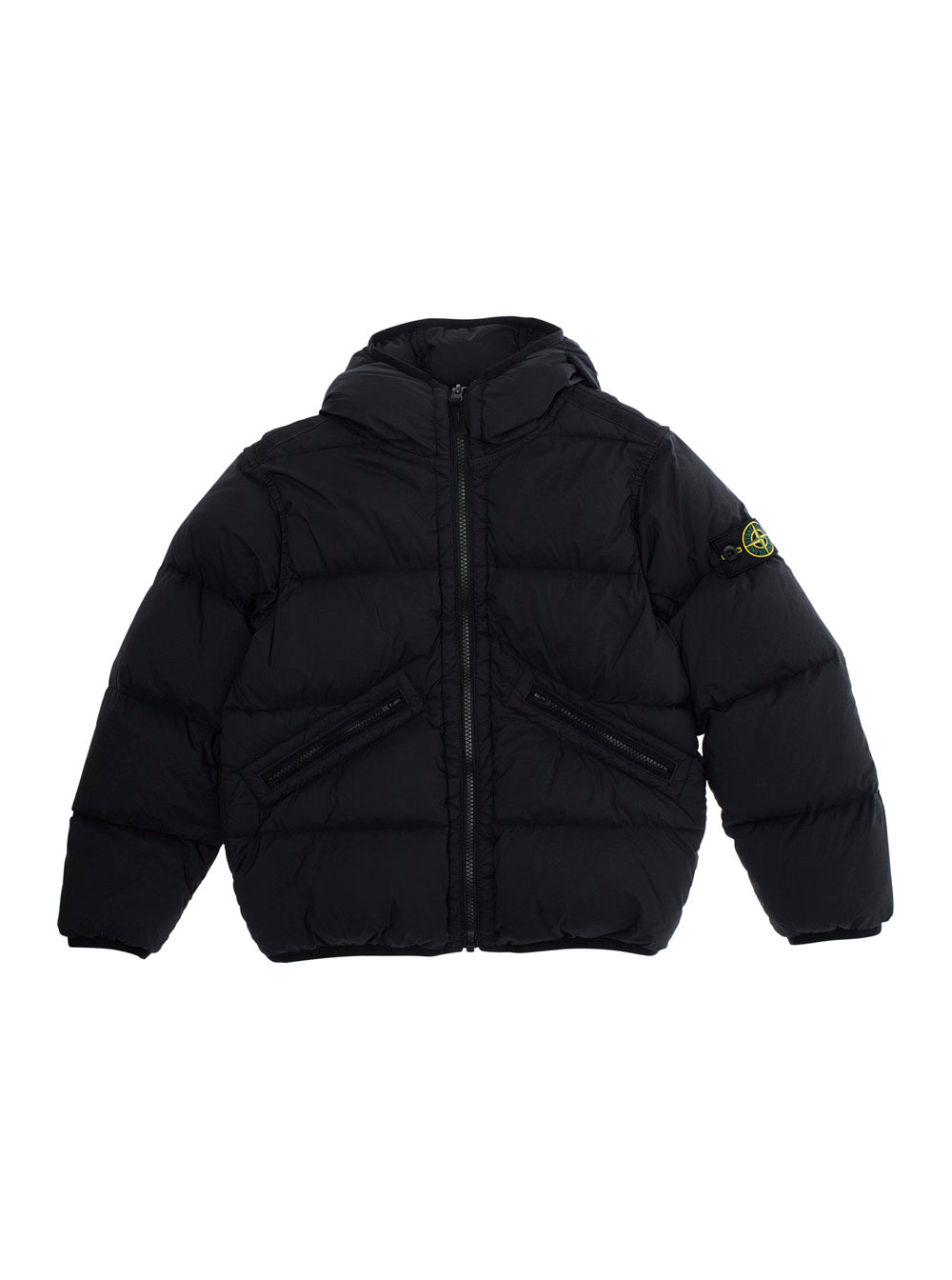 Black Down Jacket with Fixed Hood and Logo Patch on the Sleeve in Tech Fabric Boy Polyamide Fibers Elastane