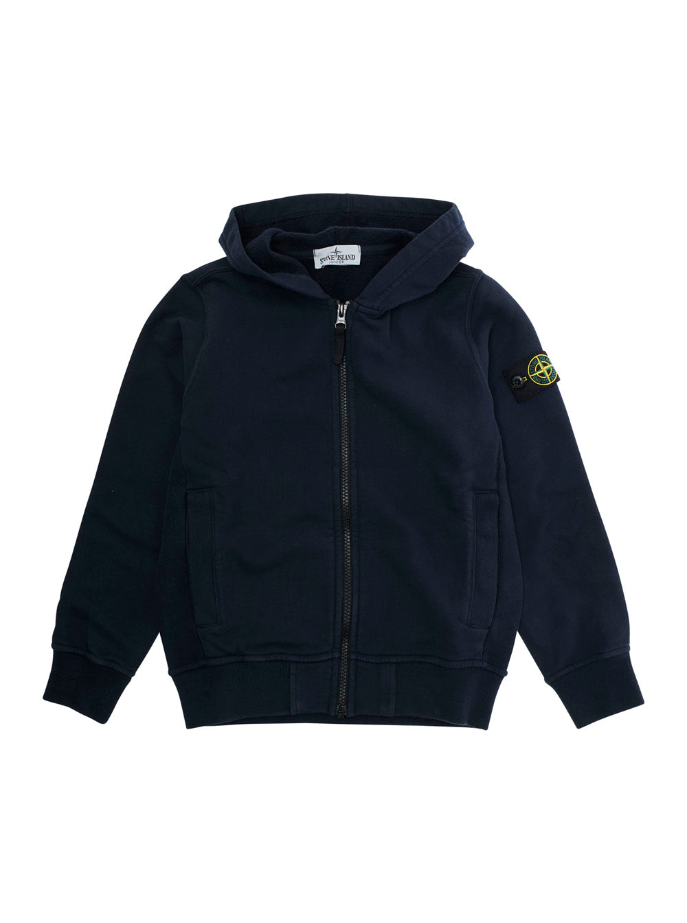 Blue Sweatshirt with Fixed Hood and Logo Patch on the Sleeve in Cotton Boy Blu Sweatshirts
