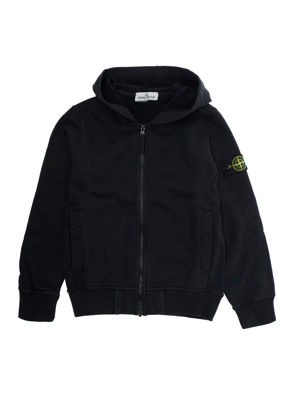 Black Sweatshirt with Fixed Hood and Logo Patch on the Sleeve in Cotton Boy Sweatshirts