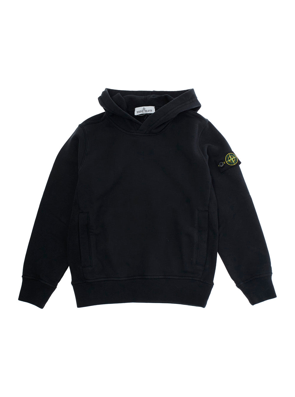 Black Hoodie with Fixed Hood and Logo Patch on the Sleeve in Cotton Boy Sweatshirts