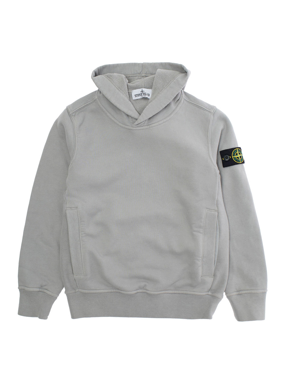 Grey Hoodie with Fixed Hood and Logo Patch on the Sleeve in Cotton Boy Sweatshirts