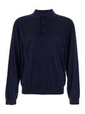 Blue Polo Shirt with Classic Collar and Ribbed Trims in Wool Man Blu Tshirts