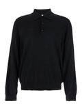 Black Polo Shirt With Classic Collar And Ribbed Trims In Wool Man Tshirts