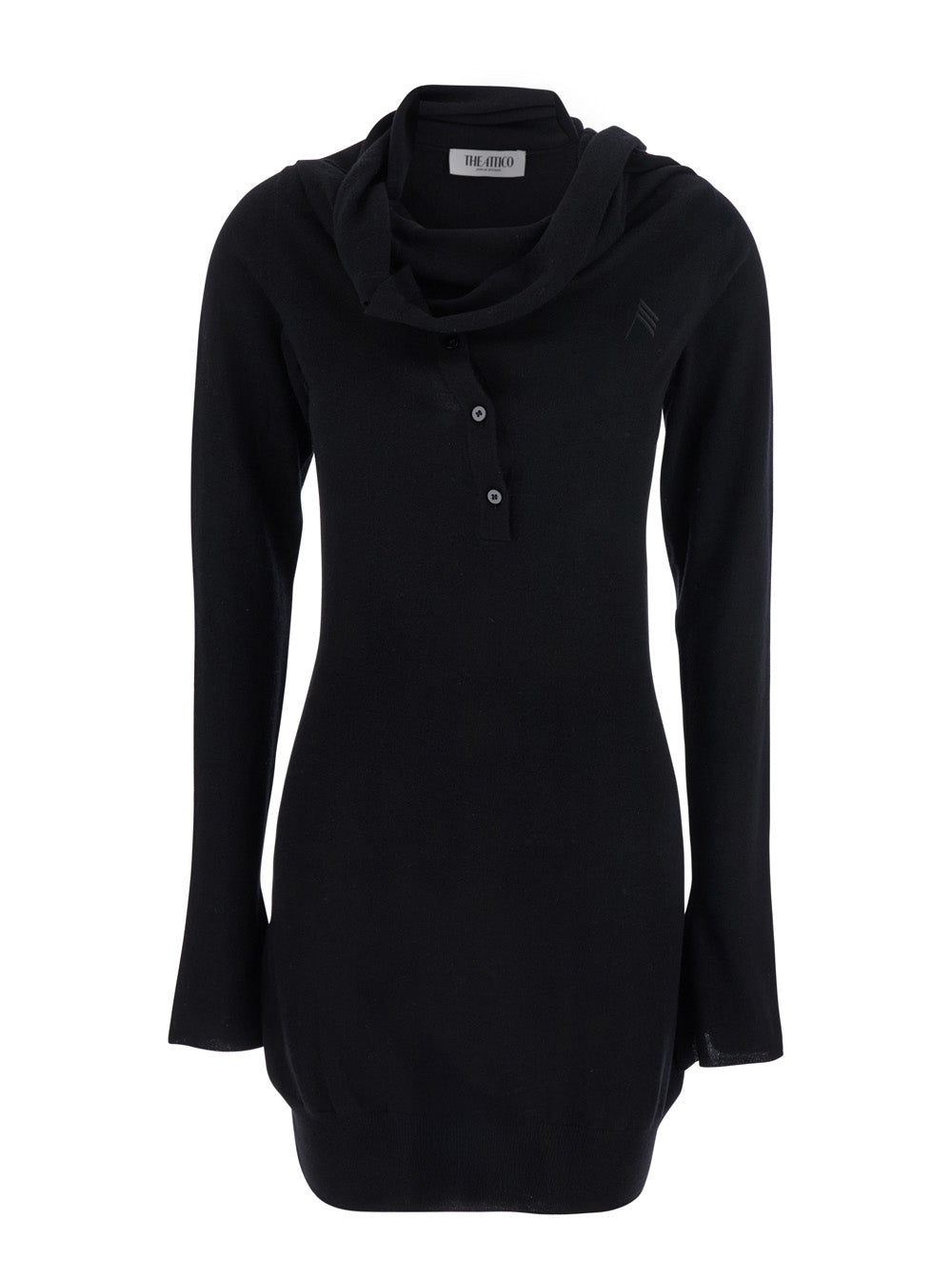 Black Mini Dress with Cowl Neck and Flared Sleeves in Wool Cashmere Woman