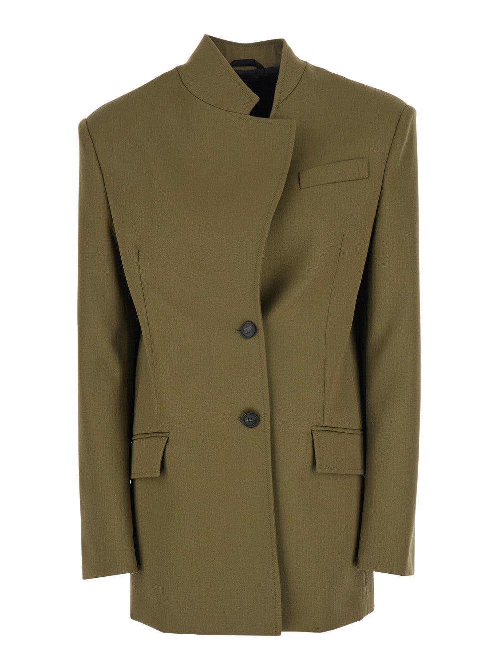 Green Jacket with Asymmetric Closure on the Front in Wool Woman Blazers