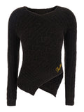 Brown Sweater with Asymmetrical Design and Logo Lettering in Wool Woman Jersey