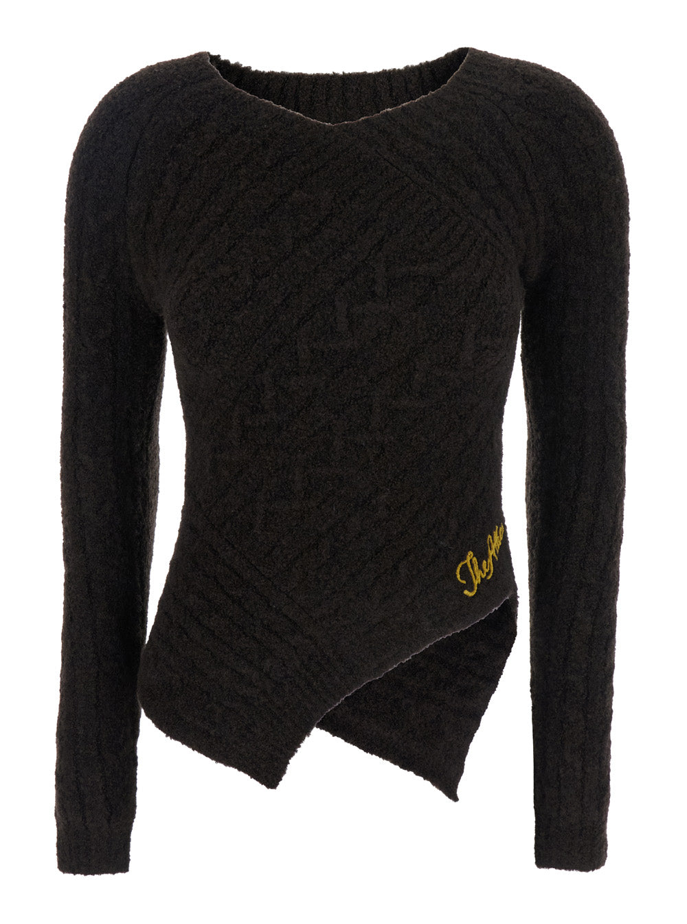 Brown Sweater with Asymmetrical Design and Logo Lettering in Wool Woman Jersey