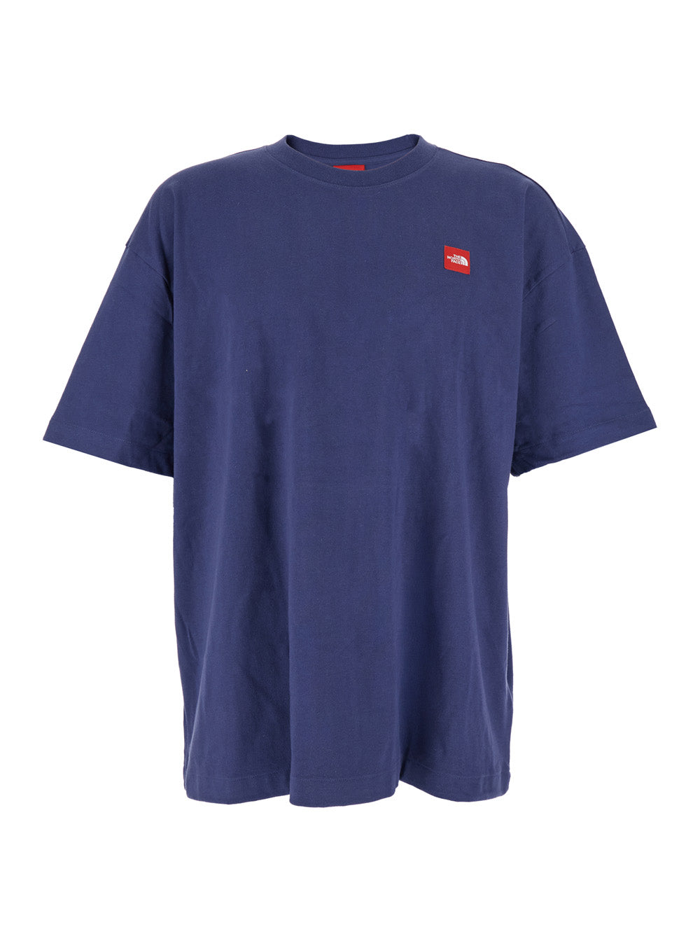 Blue Crewneck T-Shirt with Logo Patch on the Front in Cotton Man Blu Tshirts And Polo Shirts