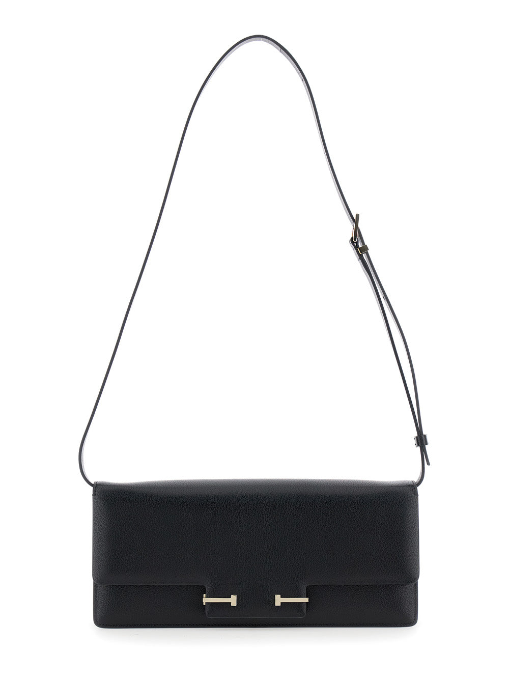 Black Crossbody Bag with Adjustable Shoulder Strap and T Plaque Closure in Grained Leather Woman Goat