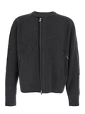 Grey Crew Neck Cardigan with Ribbed Design in Wool Man Merino Jersey