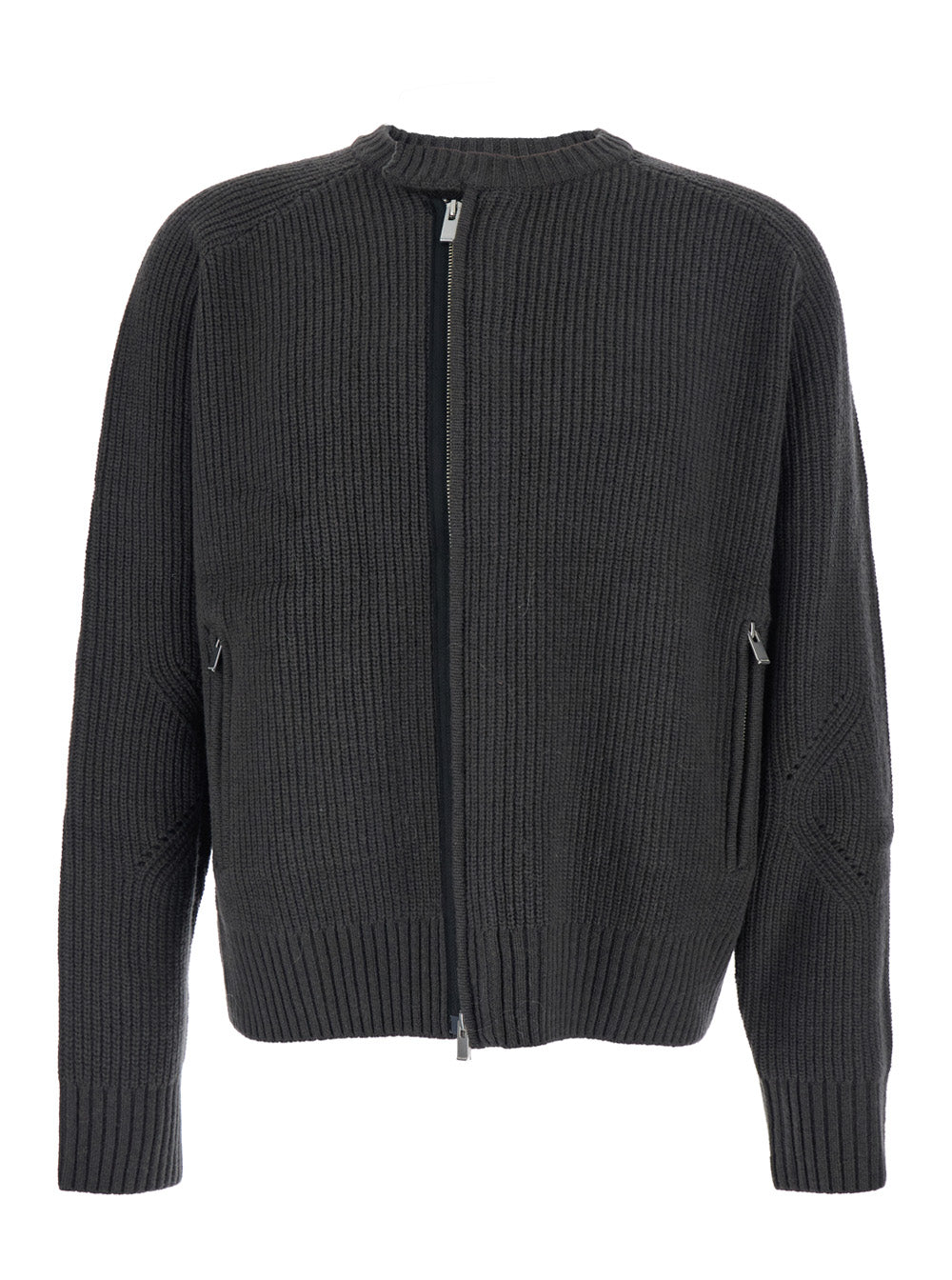 Grey Crew Neck Cardigan with Ribbed Design in Wool Man Merino Jersey