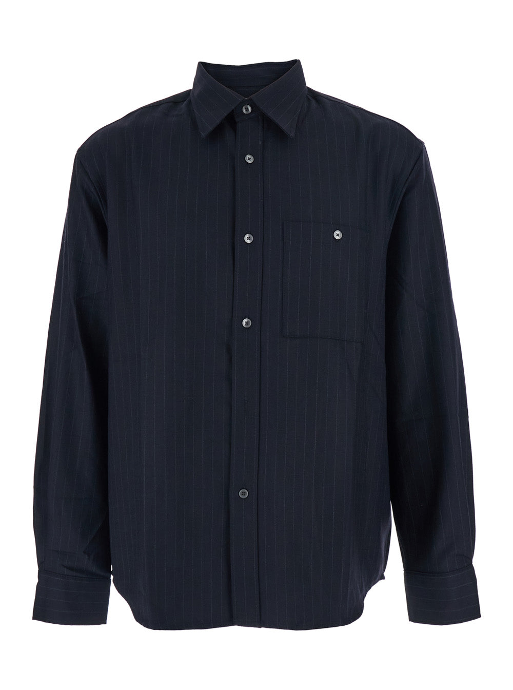 Blue Pinstriped Shirt with Pointed Collar in Wool Blend Man Blu Polyester And Blouses
