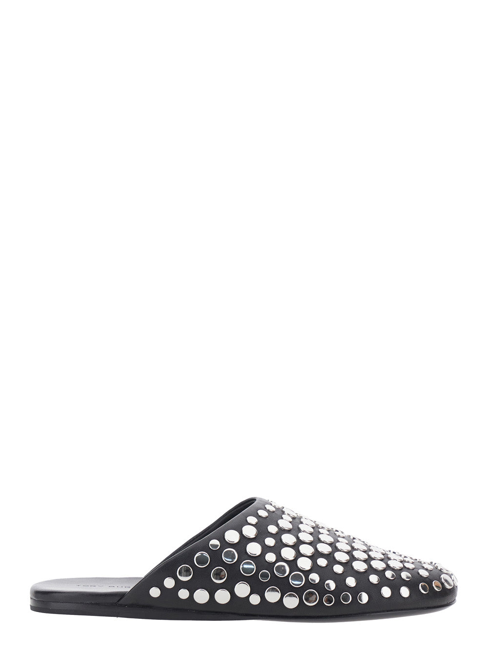 Black Mules with Round Toe and Stud Embellishments in Leather Woman Ovine Flat Shoes