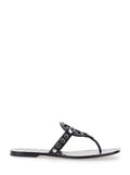 Black Thong Sandals with Logo on the Front and Stud Embellishments in Leather Woman Cow Flat Shoes