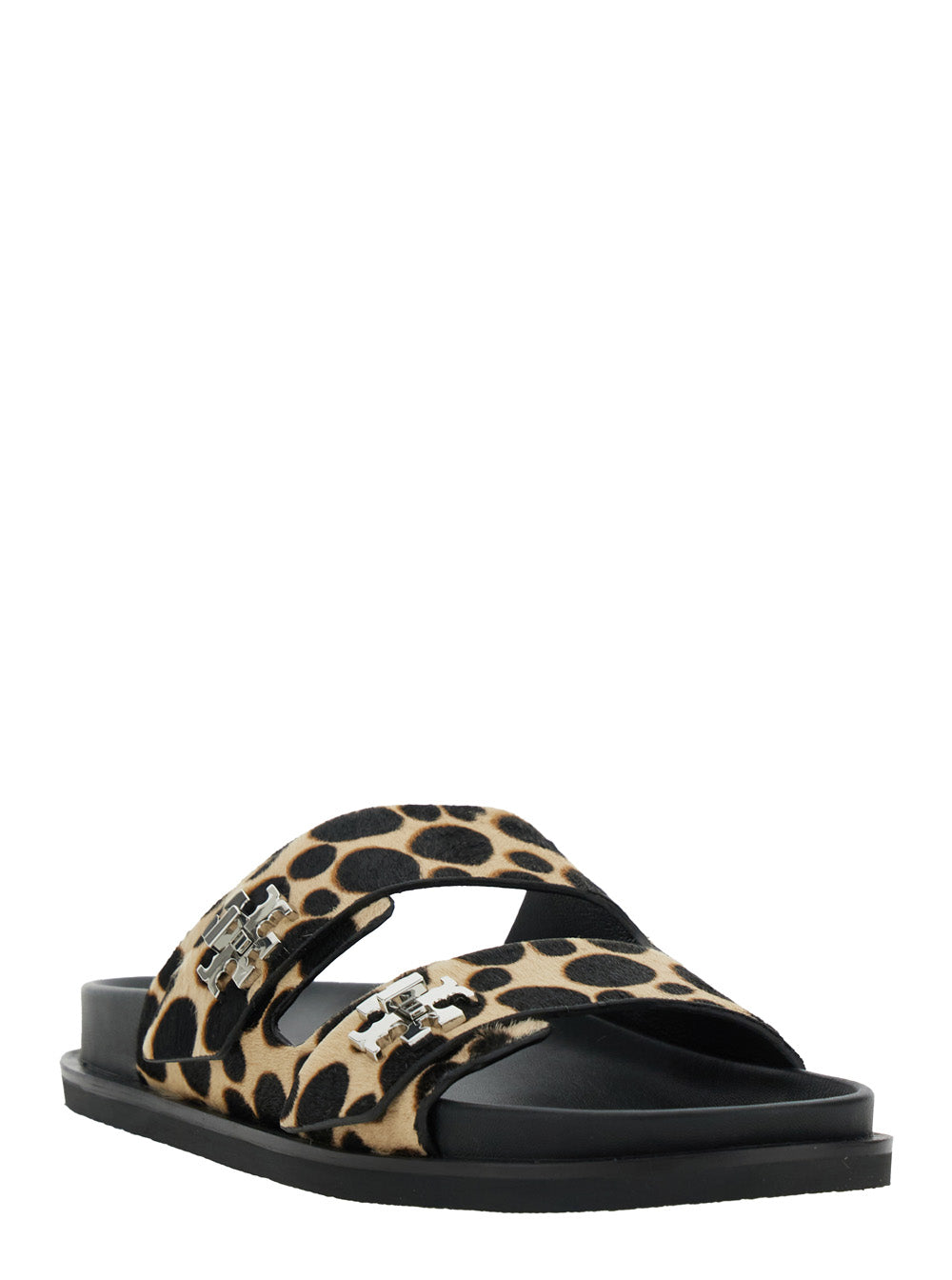 Turnlock Brown Sandals with Double Strap and Leopard Print in Leather Woman Multicolor Calf Flat Shoes