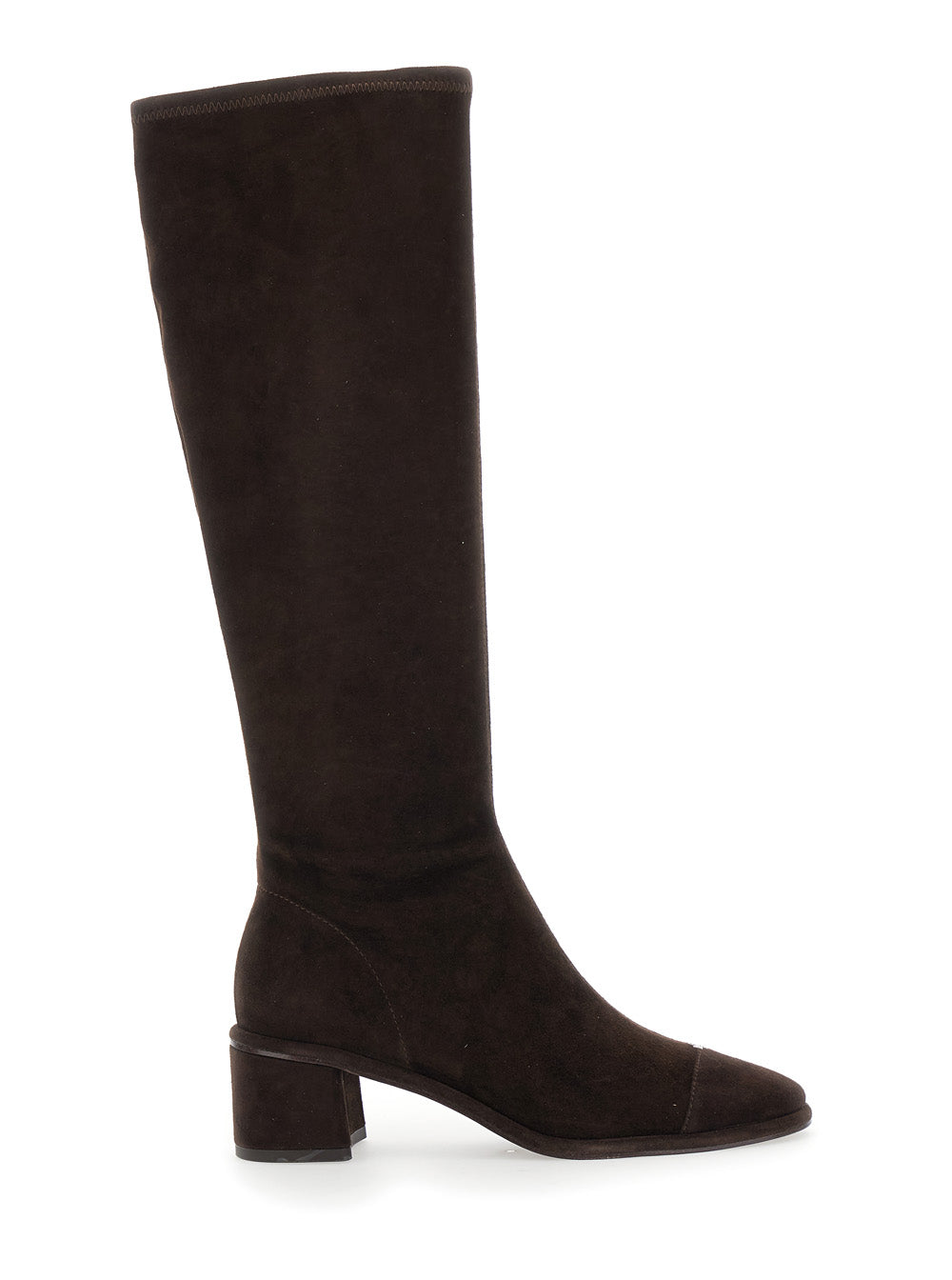 Brown Knee-High Boots with Block Heel in Suede Woman Goat