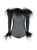 Zuben Black Top with Boat Neck and Removable Feathers Applied to the Edges in Stretch Tulle Woman Nylon Spandex Tops