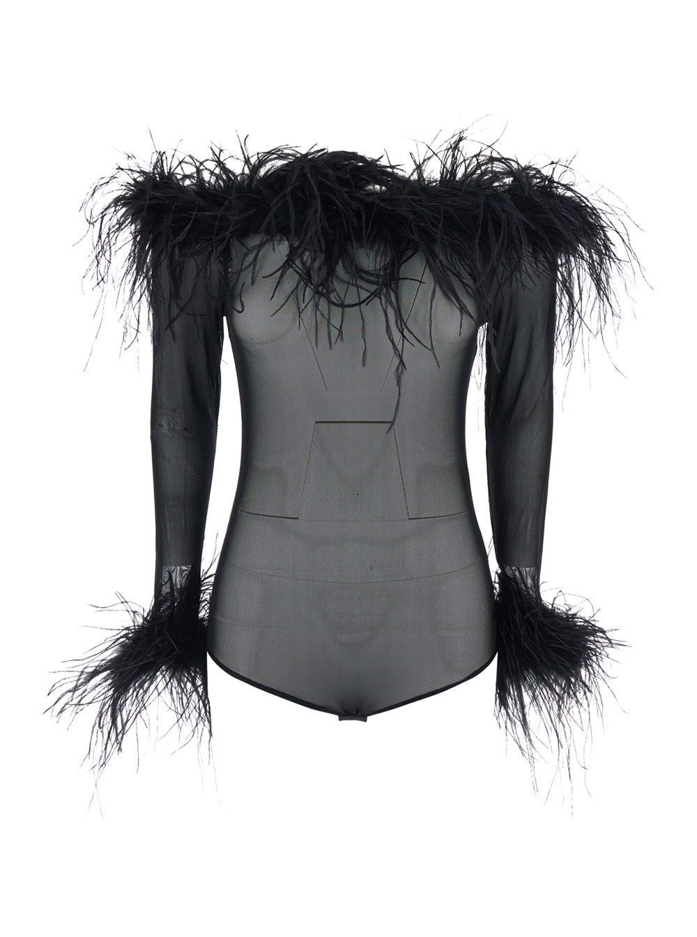 Zuben Black Top with Boat Neck and Removable Feathers Applied to the Edges in Stretch Tulle Woman Nylon Spandex Tops