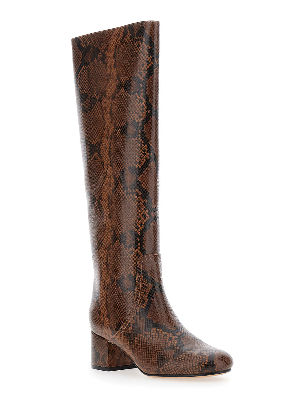 Brown Knee Boots with Python Effect in Leather Woman Polyurethane