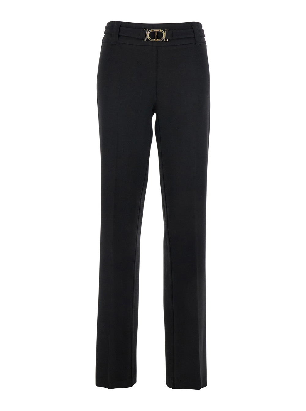 Black Pants with Belt Buckle and Loops in Viscose Blend Stretch Woman Polyamide Elastane Trousers