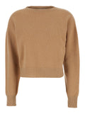 Beige Crew Neck Sweater with Dropped Shoulder and Ribbed Details in Wool Woman Cashmere Textile Paper Jersey
