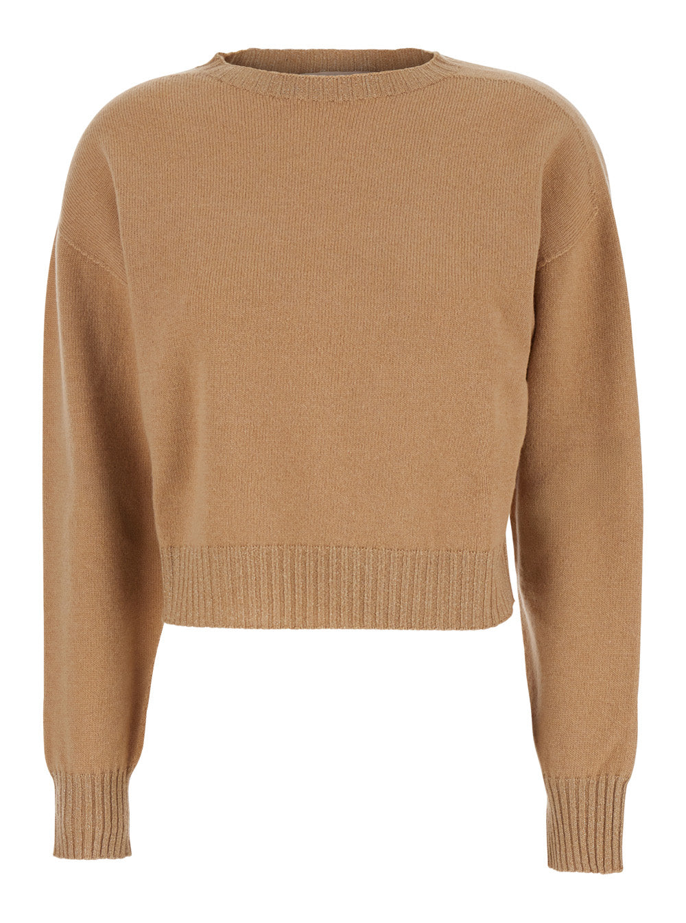 Beige Crew Neck Sweater with Dropped Shoulder and Ribbed Details in Wool Woman Cashmere Textile Paper Jersey