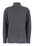 Grey Turtleneck Sweater with Ribbed Details in Wool Woman Cashmere Textile Paper Jersey