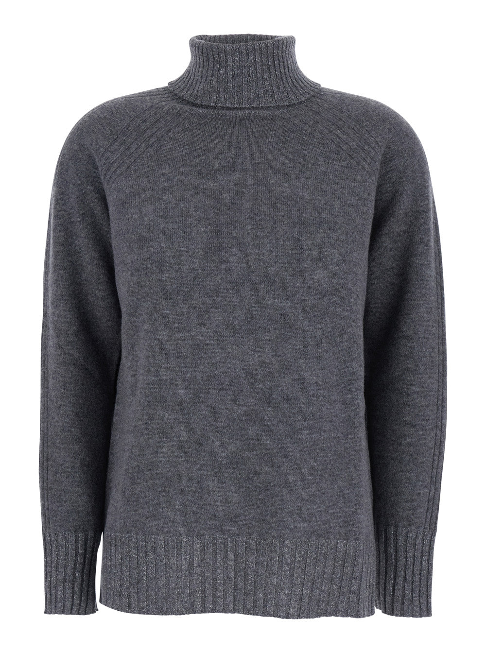 Grey Turtleneck Sweater with Ribbed Details in Wool Woman Cashmere Textile Paper Jersey