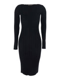 Black Long Dress with Boat Neck and Ribbed Design in Fabric Woman Viscose Textile Paper