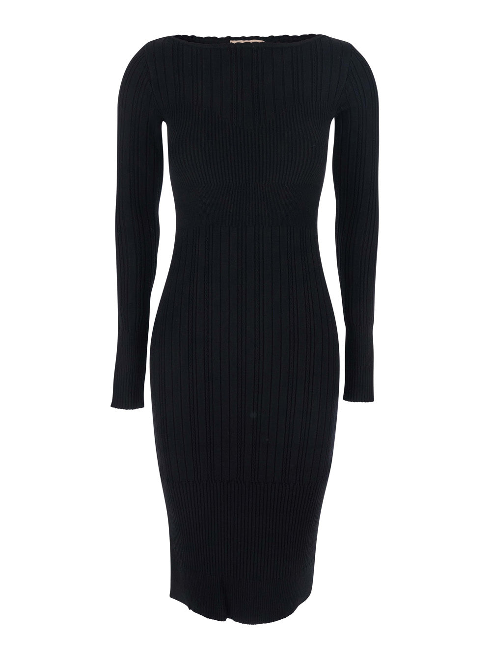 Black Long Dress with Boat Neck and Ribbed Design in Fabric Woman Viscose Textile Paper