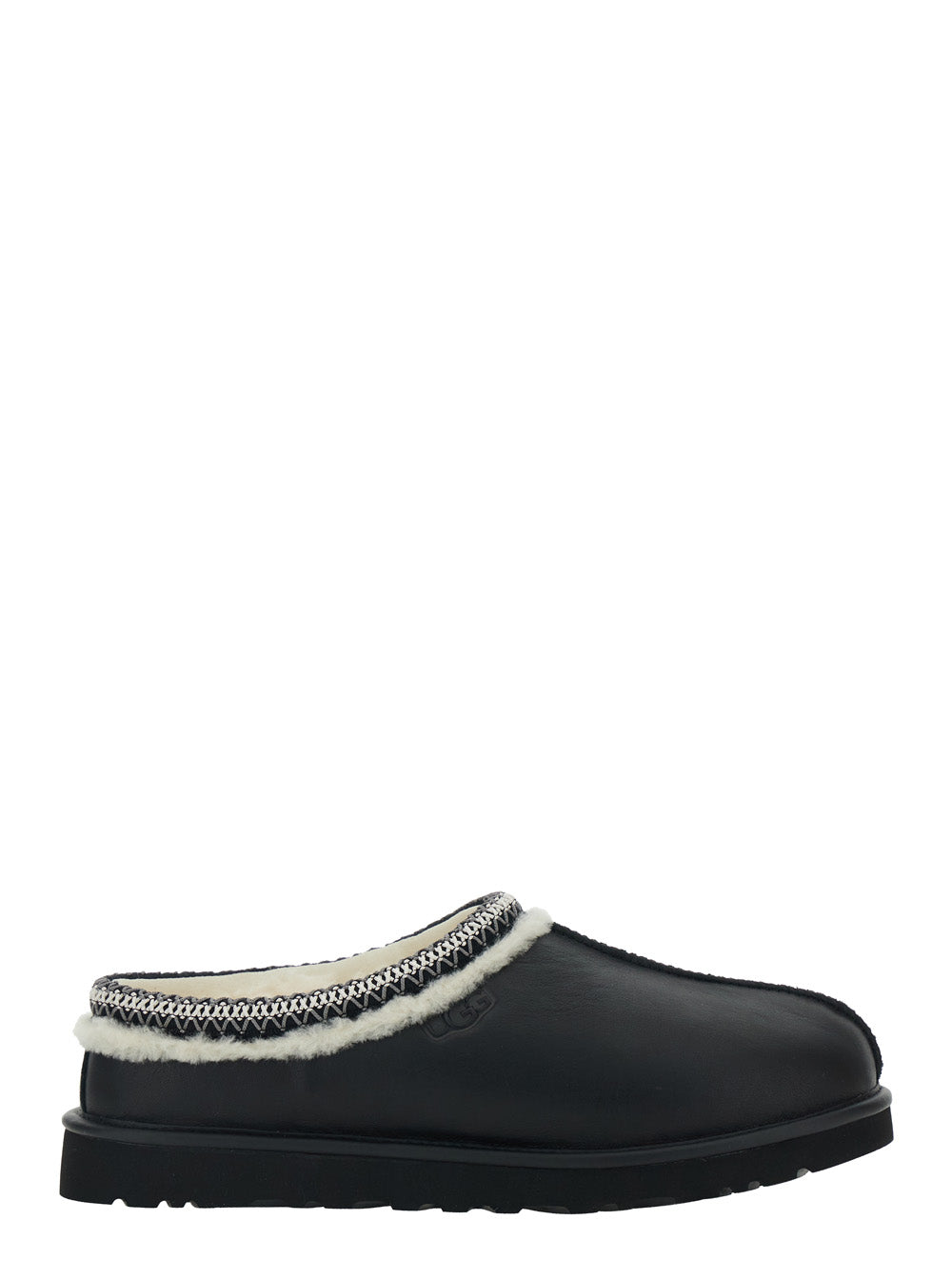 Tasman Black Mules with Embossed Logo in Leather Man Textile Flat Shoes