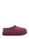 Bordeaux Mules with Almond Toe and Embroidery in Suede Woman Leather Textile Flat Shoes