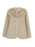 Beige Round Neck Hood with Trapezoid Design in Faux Fur Woman Polyester Outerwear