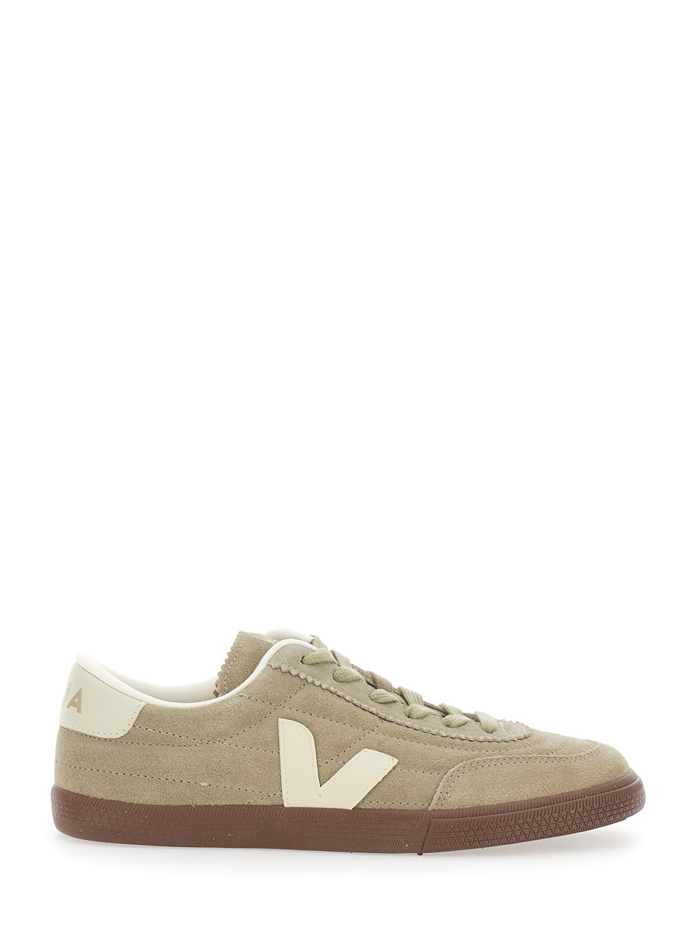 Panenka Beige Low Top Sneakers with Logo Patch on the Side and Contrasting Heel Lettering in Leather Unisex Suede