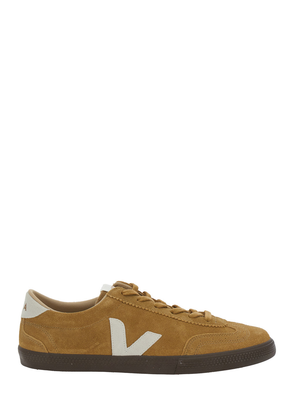Volley Beige Low Top Sneakers with Contrasting Heel Logo Lettering and Patch on the Side in Leather Unisex Brown Suede