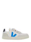 V-90 White Low Top Sneakers with Logo Patch on the Side and Contrasting Heel Lettering in Leather Boy