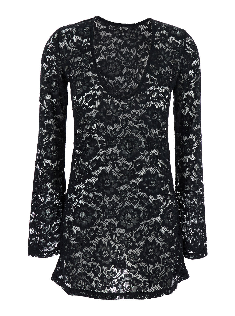 Bohemia Black Mini Dress With All-Over Lace Embroidery Tech Fabric Stretch Woman - S