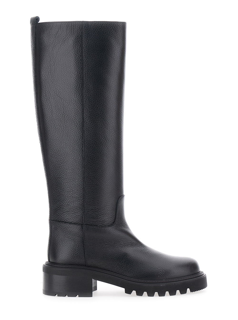 Black Knee-High Slip-On Boots in Grained Leather Woman Cow