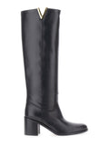 Black Knee-High Boots with Cut-Out on the Side and Logo Plaque in Leather Woman Cow