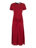 Red Crewneck Midi Dress with Gathered Waist and Rear Zip Closure in Viscose Blend Woman Acetate